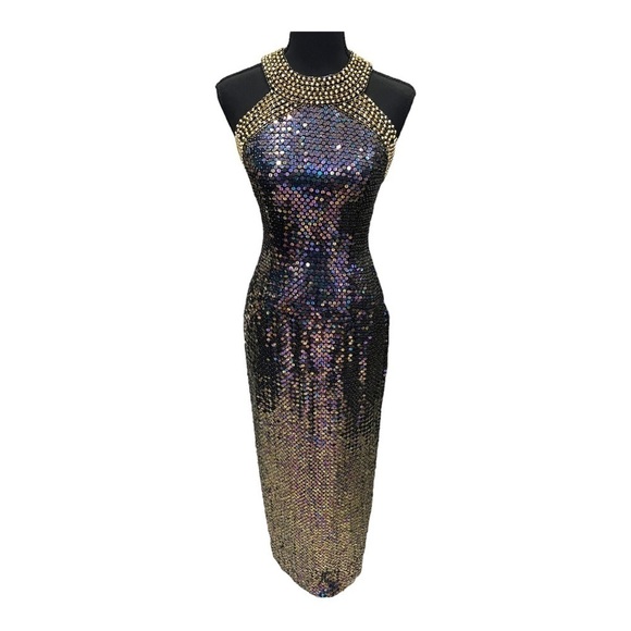 Oleg Cassini Vintage Sequin Beaded Backless Evening Dress 4 - Picture 1 of 13